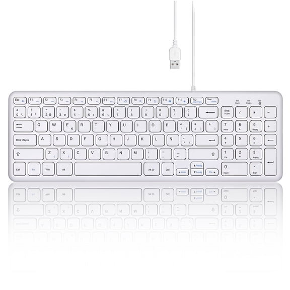 Perixx PERIBOARD-213W Teclado de tijera USB silencioso con cable - Diseo compacto con teclado numrico - Blanco - QWERTY Espaol con