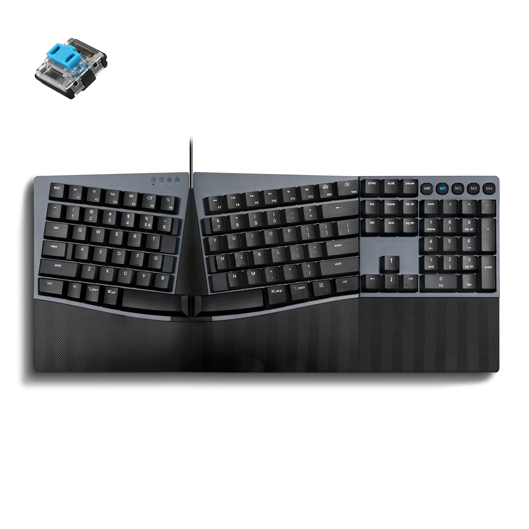 Perixx PERIBOARD-535BL Wired Ergonomic Mechanical Full-size Keyboard - Low-Profile Blue Clicky Switches - Programmable Keys - Compatible with Windows and Mac OS X