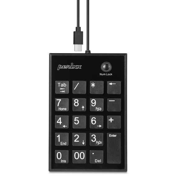 Perixx PERIPAD-202C Wired USB-C Slim Numeric Keypad - Scissor Keys with 2 USB-A Hubs and Tab Key - Compatible for Tablet, Laptop, Desktop - Black