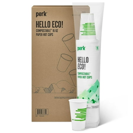 Perk - Eco Compostable Paper Hot Cup, 16 Oz., 300/Carton - White/Green