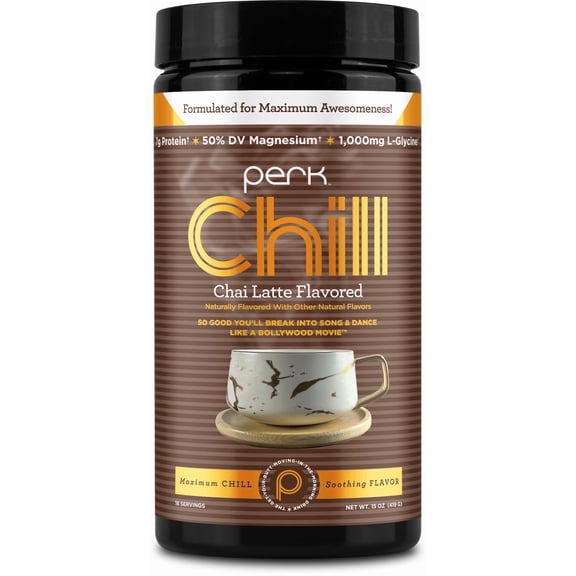 Perk Chill Drink Mix (Chai Latte) 18 Servings Calming Melatonin-Free Nighttime Sleep Aid Support with Magnesium & L-Glycine, Soy-Free, Peanut-Free