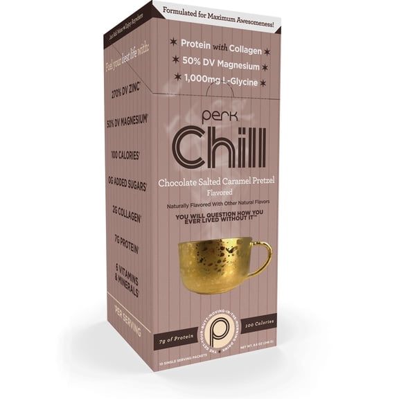 Perk Chill Drink Mix (Chocolate Salted Caramel Pretzel) 10 Stick Packs - 7g of Protein with Collagen, 50% DV Magnesium, 1,000mg L-Glycine, Gluten-Free, Soy-Free, GMO-Free