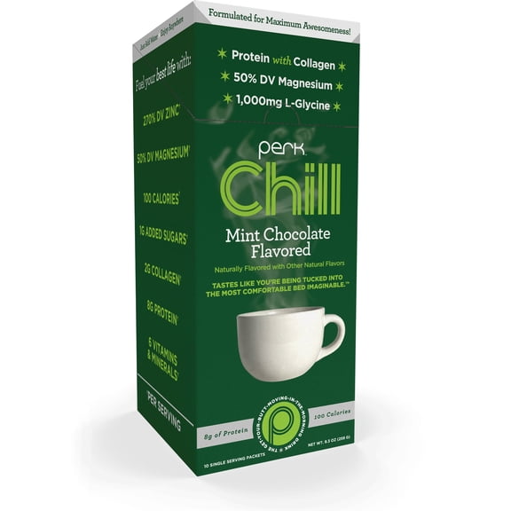 Perk Chill Drink Mix (Mint Chocolate) 10 Stick Packs - 8g of Protein with Collagen, 50% DV Magnesium, 1,000mg L-Glycine, Gluten-Free, Soy-Free, GMO-Free
