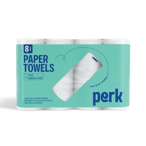 Perk Choose-A-Size Kitchen Roll Paper Towels, 2-Ply, 5.9 x 11, White, 116 Sheets/Roll, 8 Rolls/Pack