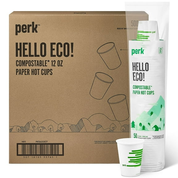 Staples Perk Compostable Paper Hot Cup 12 Oz. White/Green PK56222CT