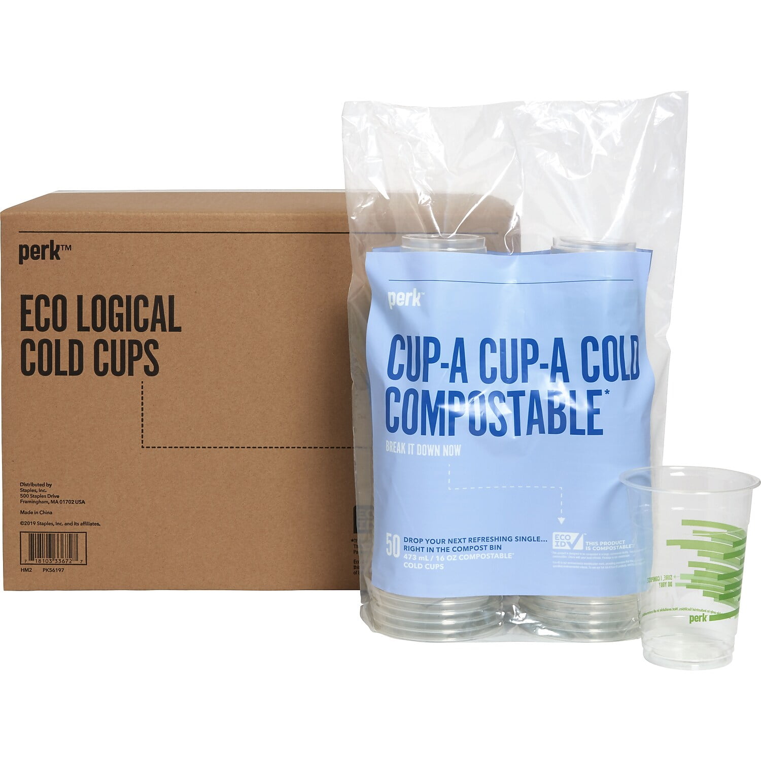 Perk Eco-ID Compostable PLA Corn Plastic Cold Cups, 12 oz, Clear/Green, 50/Pack, 6 Packs/Carton