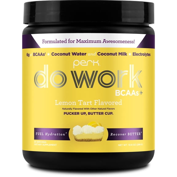 Perk Do Work BCAA + Hydration Electrolytes Powder (Lemon Tart) 20 Servings - with Coconut Water and Coconut Milk, Gluten-Free, Soy-Free, Peanut-Free