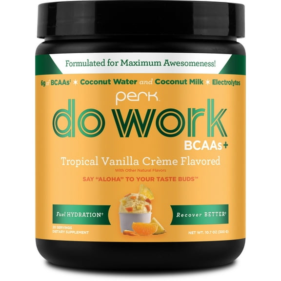 Perk Do Work BCAAs + Hydration Electrolytes Powder (Tropical Vanilla Crme Flavored, 20 Servings) - with Coconut Water and Coconut Milk