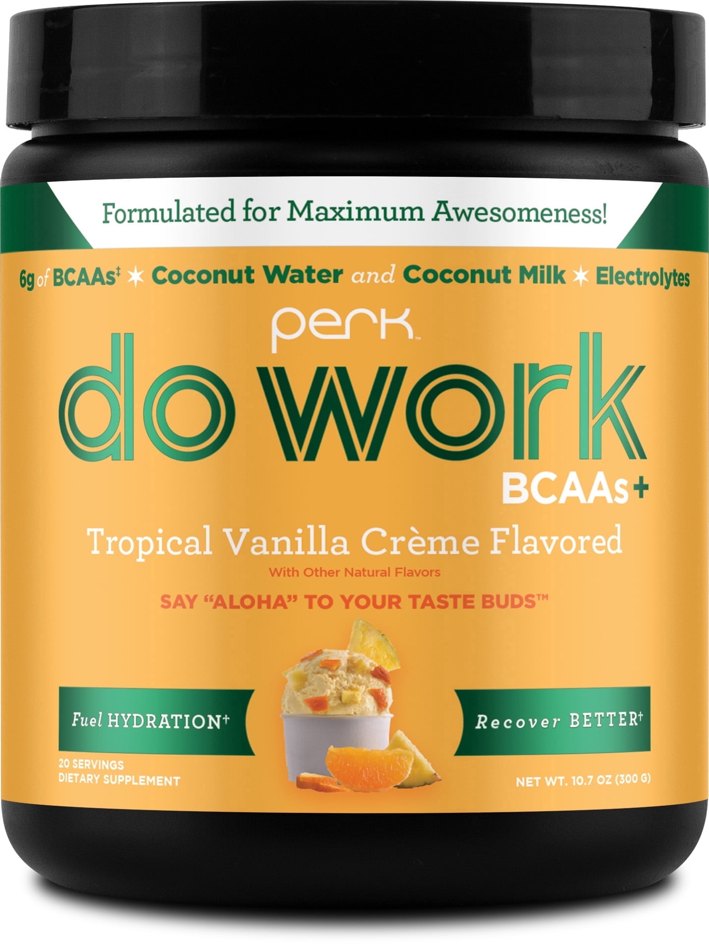 Perk Do Work BCAA + Hydration Electrolytes Powder (Tropical Vanilla Créme) 20 Servings - with Coconut Water & Coconut Milk, Gluten-Free, Soy-Free