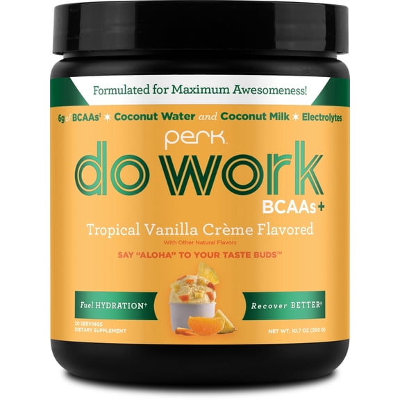 Perk Do Work BCAA + Hydration Electrolytes Powder (Tropical Vanilla Crme) 20 Servings - with Coconut Water & Coconut Milk, Gluten-Free, Soy-Free