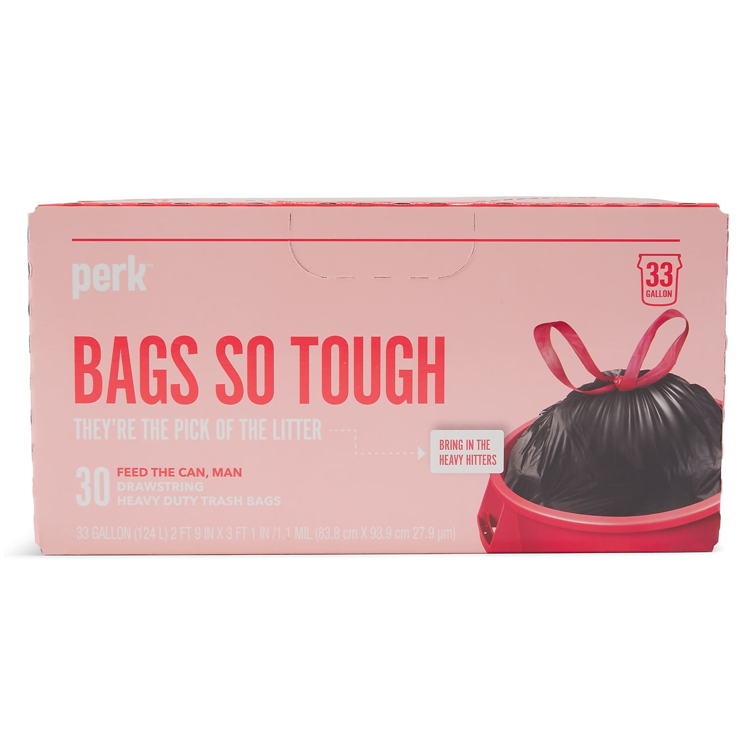 Perk™ Drawstring Heavy-Duty Trash Bags, 33 gal, 1.1 mil, 37 x 33, Black,  30/Box