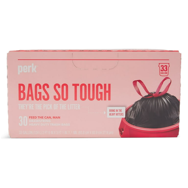 Perk™ Drawstring Heavy-Duty Trash Bags, 33 gal, 1.1 mil, 37 x 33, Black,  30/Box, PRK24377879