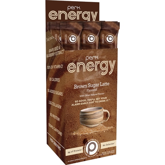 Perk Energy Drink Mix (Brown Sugar Latte) 10 Stick Packs - Caffeinated Healthy Coffee Alternative with Protein, 100mg of Caffeine, Gluten-Free, Peanut-Free