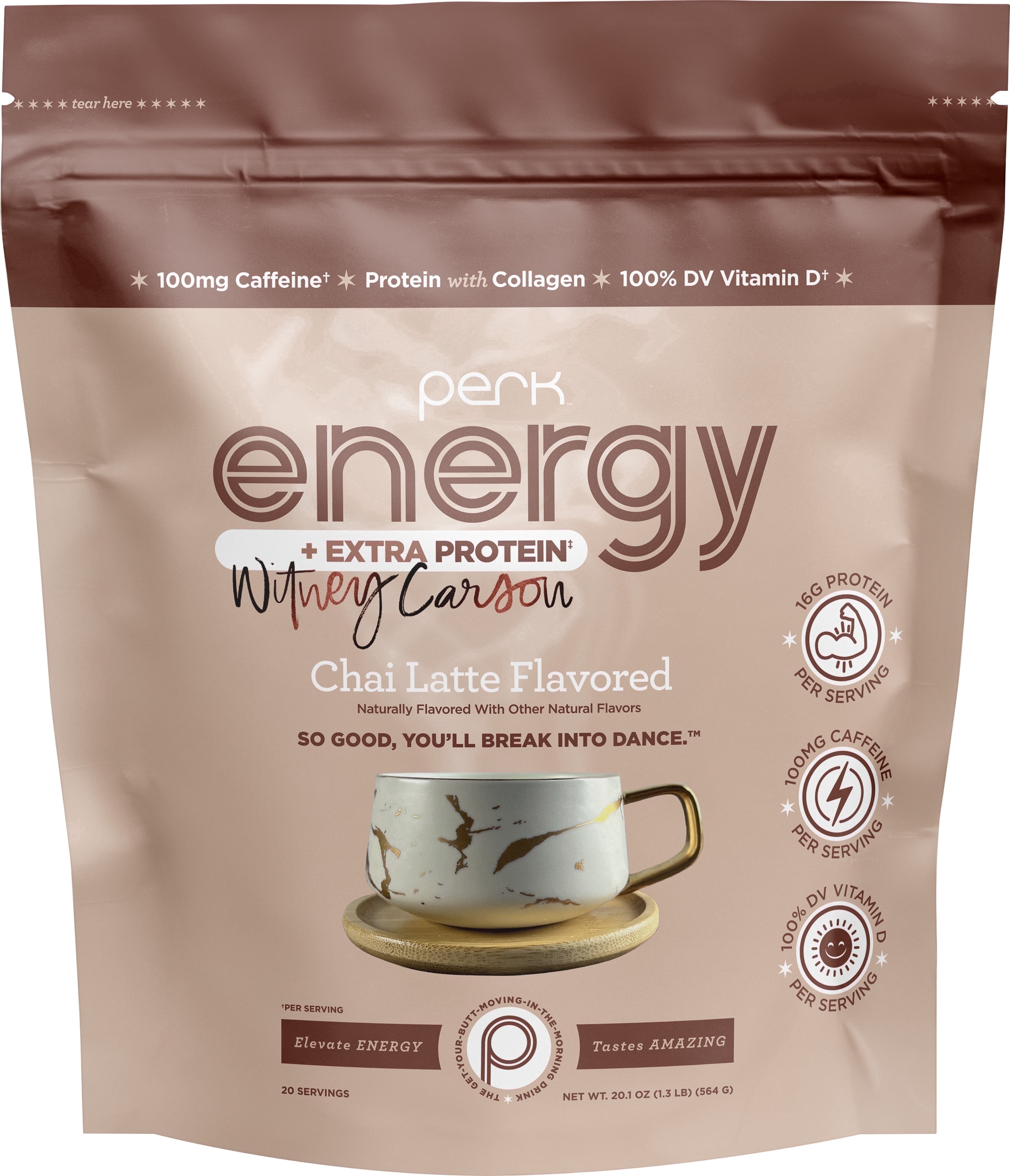Perk Energy + Extra Protein Powder (1.3 LB) Chai Latte - Witney Carson Collaboration - 100mg of Caffeine, 16g of Protein with Collagen, 20 Servings