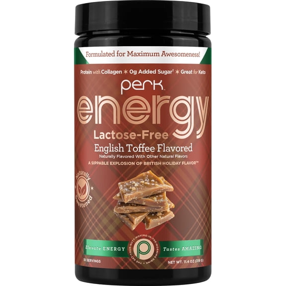 Perk Energy Lactose-Free Drink Mix (English Toffee, Holiday Edition) 18 Servings, Naturally Sweetened, 100mg Caffeine, Collagen Protein, 0g Added Sugar, 100 Calories, Gluten-Free, Peanut-Free