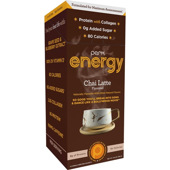 Perk Energy Original Chai Latte Flavored Drink Powder (10 Servings Stickpack) - Gluten-Free, Peanut-Free, Soy-Free