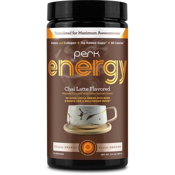 Perk Energy Original Chai Latte Flavored Drink Powder (20 Servings) - Gluten-Free, Peanut-Free