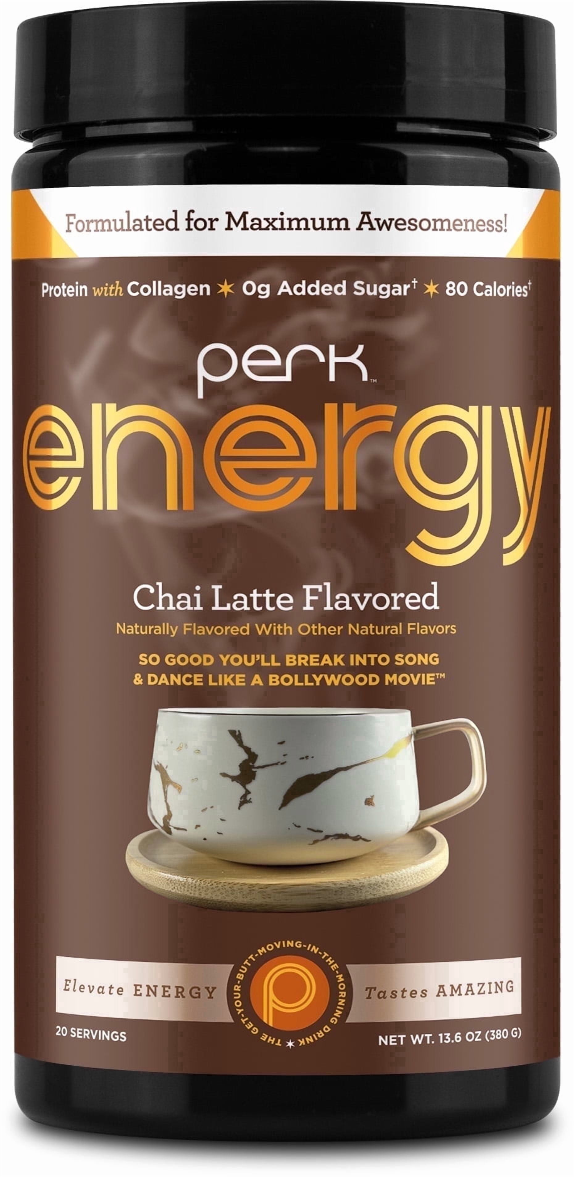 Perk Energy Drink Mix (Chai Latte) 20 Servings - Caffeinated Healthy Coffee Alternative with Protein, 100mg of Caffeine, Gluten-Free, Soy-Free
