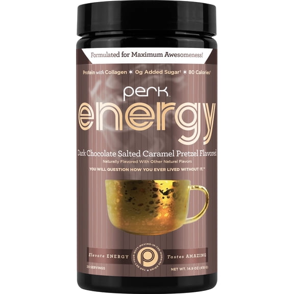Perk Energy Original Dark Chocolate Salted Caramel Pretzel (20 Servings) - Gluten Free, Soy Free, Peanut Free