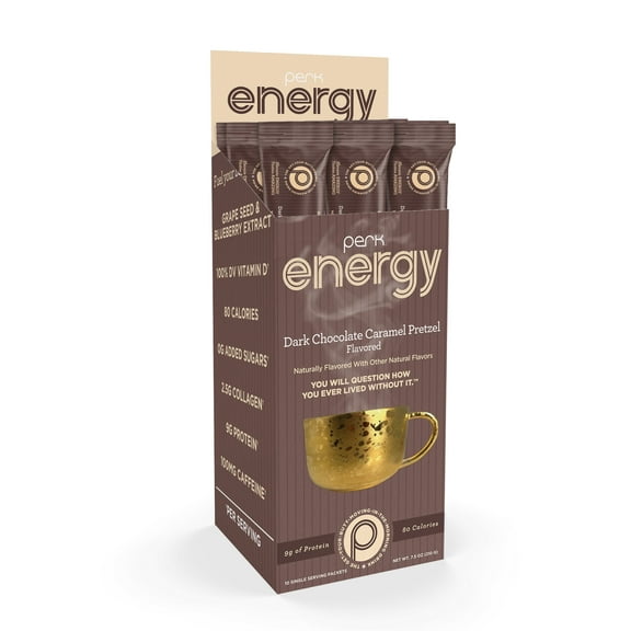 Perk Energy Original Dark Chocolate Salted Carmel Pretzel Flavored Drink Powder (10 Servings Stickpack) - Gluten-Free, Peanut-Free, Soy-Free