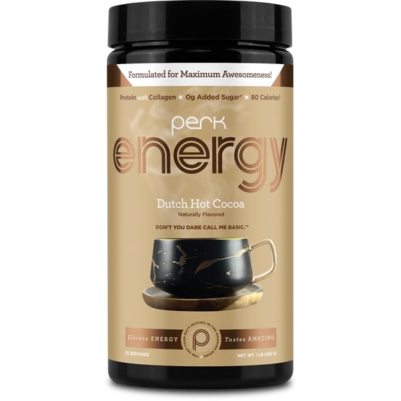 Perk Energy Drink Mix (Dutch Hot Cocoa) 20 Servings - Caffeinated Healthy Coffee Alternative with Protein, 100mg of Caffeine, Gluten-Free, Soy-Free