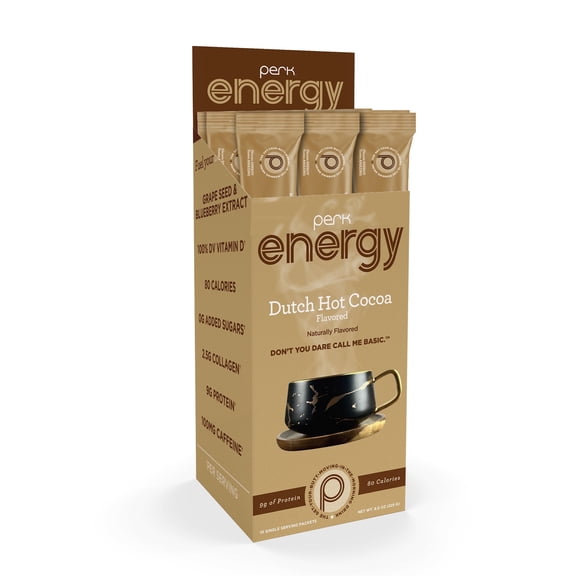 Perk Energy Original Dutch Hot Cocoa Flavored Drink Powder (10 Servings Stickpack) - Gluten-Free, Peanut-Free, Soy-Free