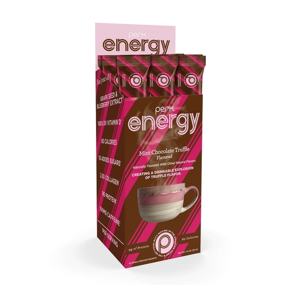 Perk Energy Original Mint Chocolate Truffle Flavored Drink Powder (10 Servings Stickpack) - Gluten-Free, Peanut-Free, Soy-Free