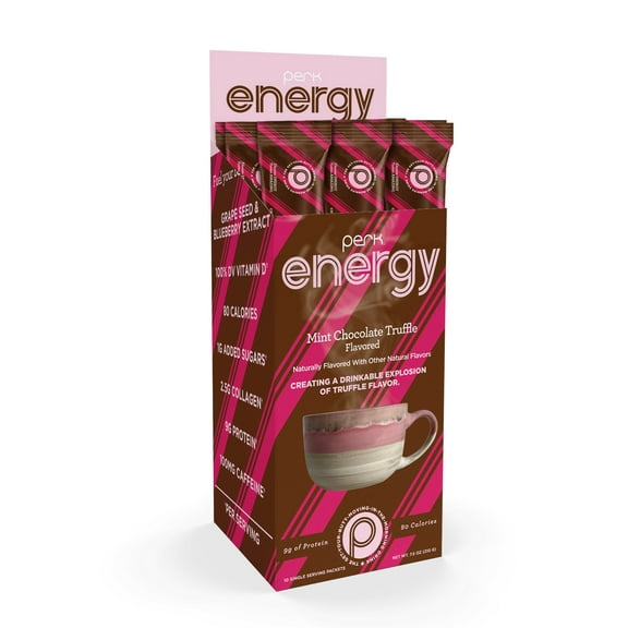 Perk Energy Original Mint Chocolate Truffle Flavored Drink Powder (10 Servings Stickpack) - Gluten-Free, Peanut-Free, Soy-Free