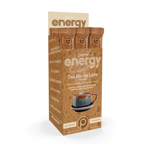 Perk Energy Original Tan Mocha Latte Flavored Drink Powder (10 Servings Stickpack) - Gluten-Free, Peanut-Free, Soy-Free