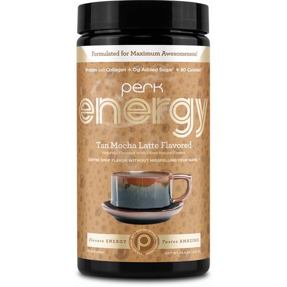 Perk Energy Original Tan Mocha Latte Flavored Drink Powder (20 Servings) - Gluten-Free, Peanut-Free, Soy-Free