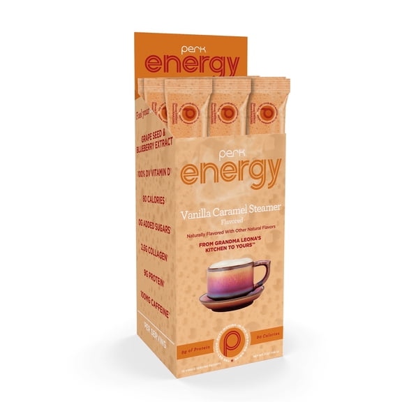 Perk Energy Original Vanilla Caramel Steamer Flavored Drink Powder (10 Servings Stickpack) - Gluten-Free, Peanut-Free, Soy-Free