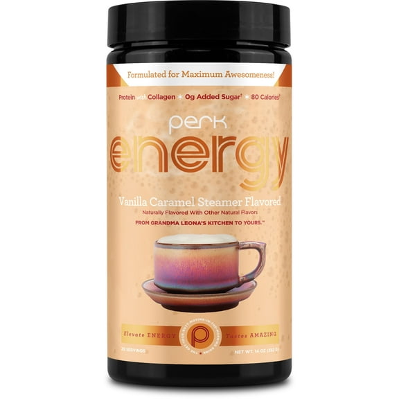 Perk Energy Original Vanilla Caramel Steamer Flavored Drink Powder (20 Servings) - Gluten-Free, Peanut-Free
