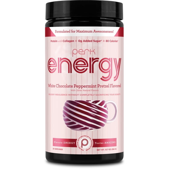 Perk Energy Drink Mix (White Chocolate Peppermint Pretzel) 20 Servings - Caffeinated Healthy Coffee Alternative with Protein, 100mg of Caffeine