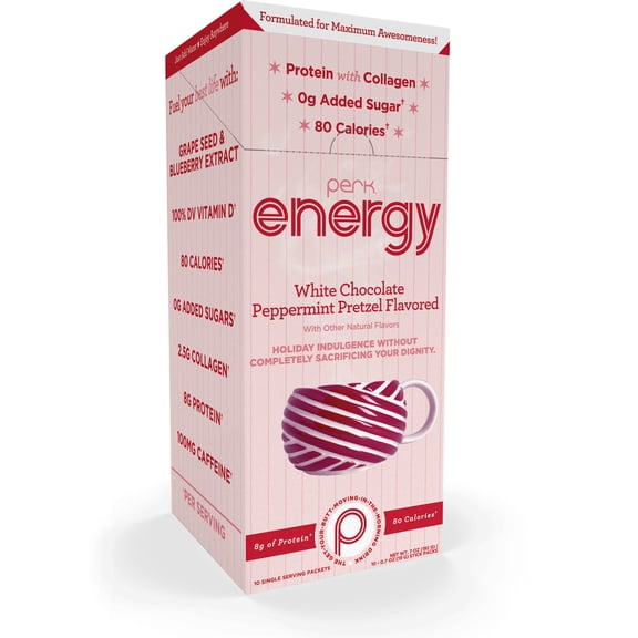 Perk Energy Drink Mix (White Chocolate Peppermint Pretzel) 10 Stick Packs - Caffeinated Healthy Coffee Alternative with Protein, 100mg of Caffeine