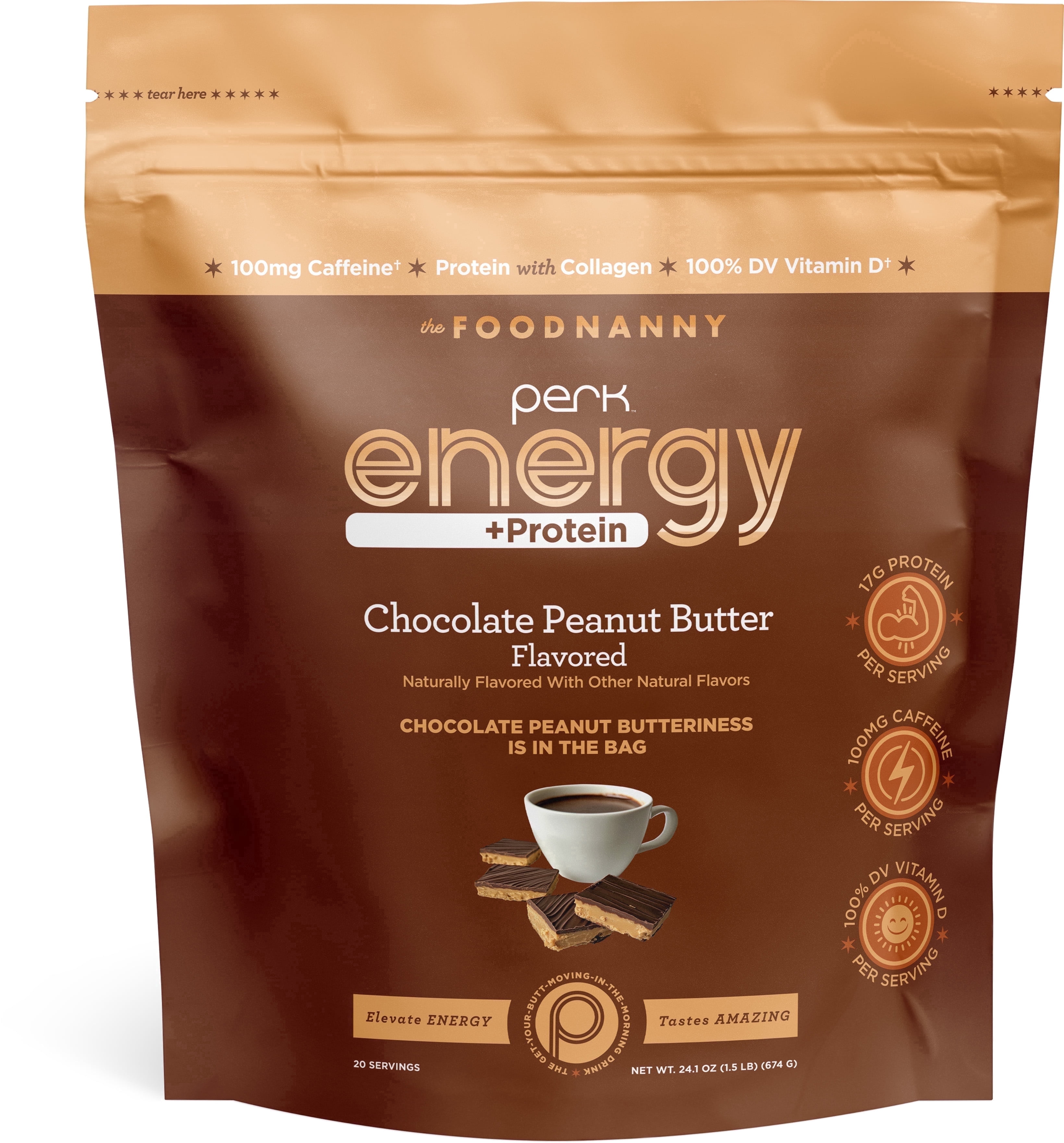 Perk Energy + Extra Protein Powder (1.5 LB) Chocolate Peanut Butter - 100mg of Caffeine, 17g of Protein with Collagen, 100% DV Vitamin D, 20 Servings