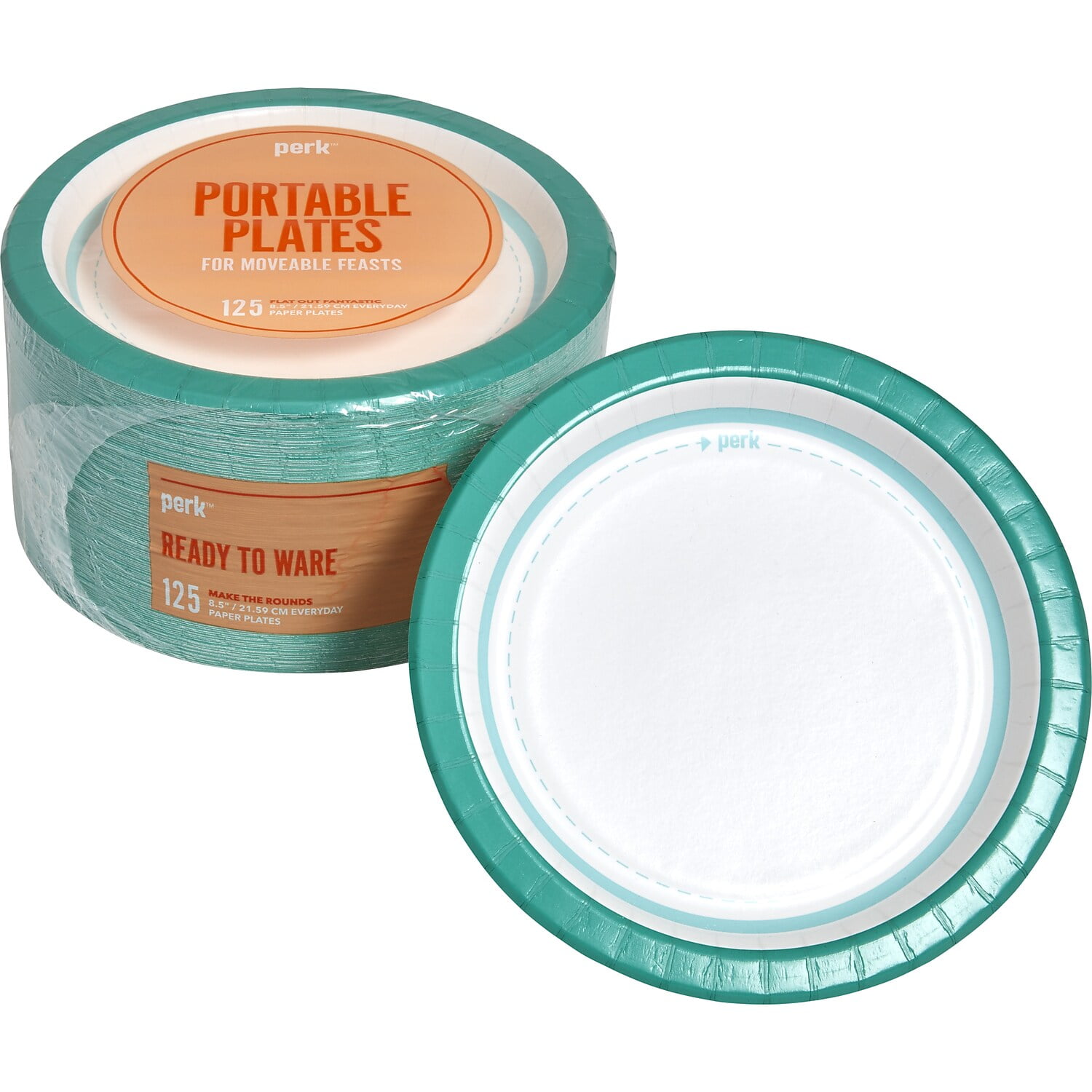 Perk Everyday Paper Plates, 8.5, White/Teal, 125/Pack (24375263)