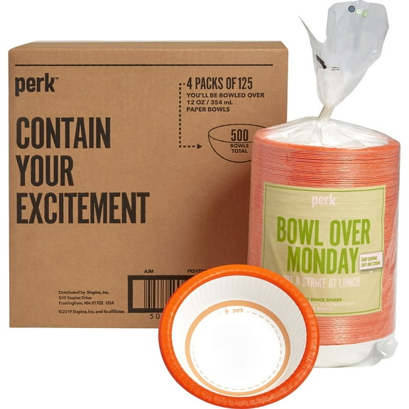 Staples Perk Heavy-Weight Paper Bowls 12 Oz. White/Orange PK54332CT