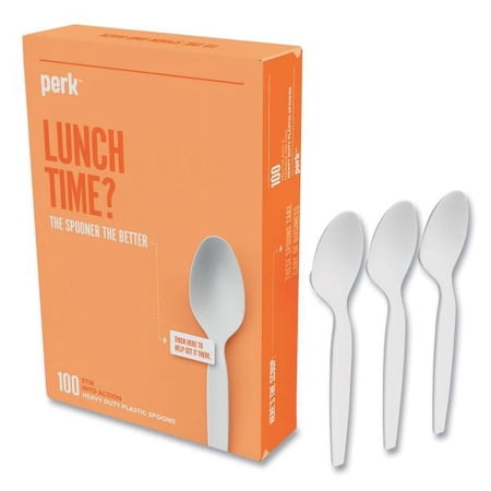 Perk Heavyweight Plastic Cutlery, Teaspoon, White, 100/Pack