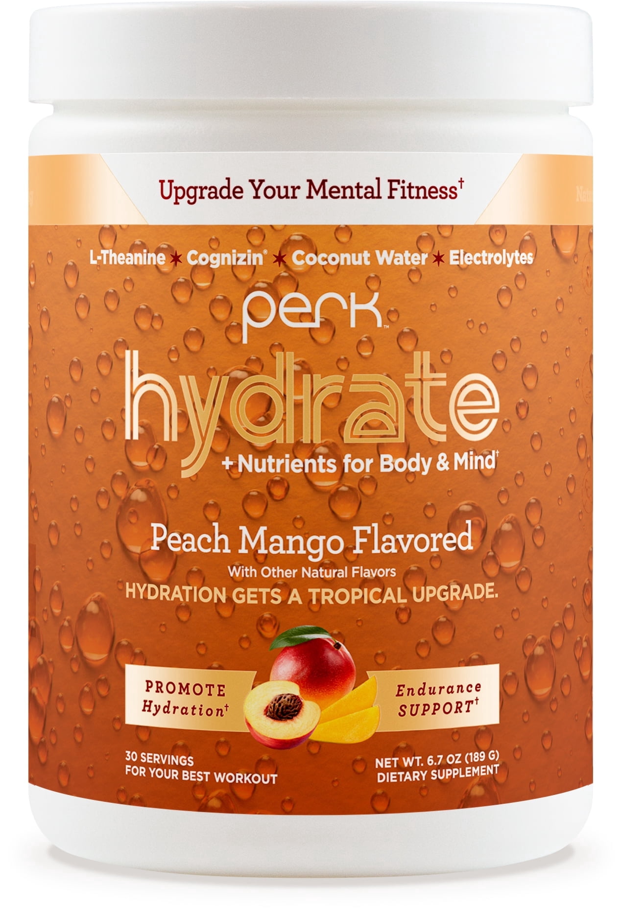 Perk Hydrate Electrolyte Drink Mix Powder Peach Mango Flavored (30 Servings) - Coconut Water, CDP-Choline, L-Theanine, Gluten-Free