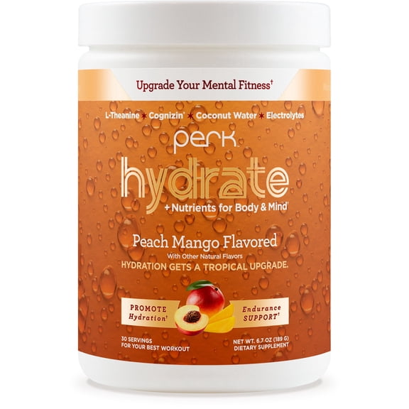 Perk Hydrate Electrolyte Drink Mix Powder Peach Mango Flavored (30 Servings) - Coconut Water, CDP-Choline, L-Theanine, Gluten-Free