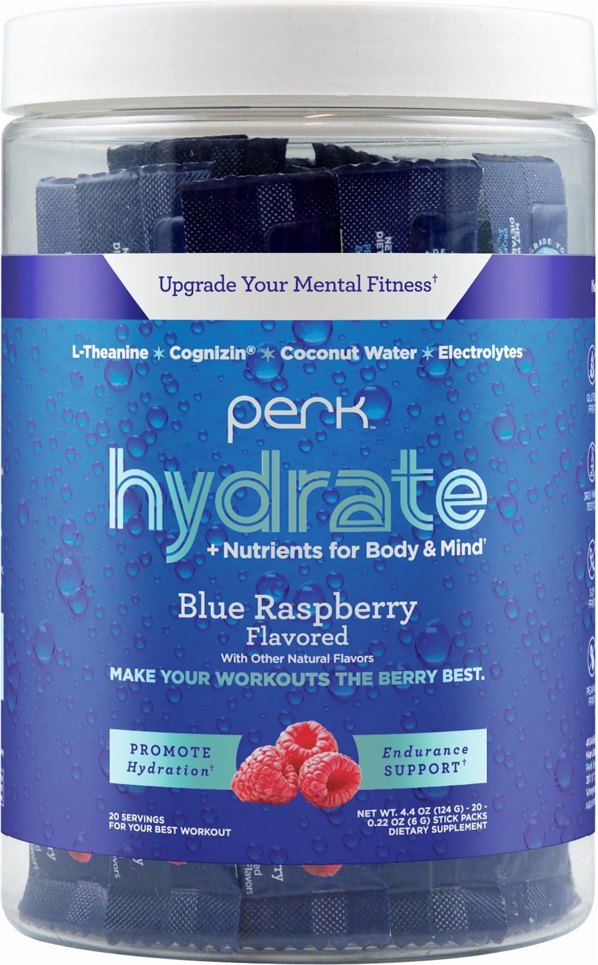 Perk Hydrate Electrolyte Stickpacks (Blue Raspberry) 20 Packets - Coconut Water, CDP-Choline, L-Theanine, Gluten-Free, Keto Friendly, Vegan