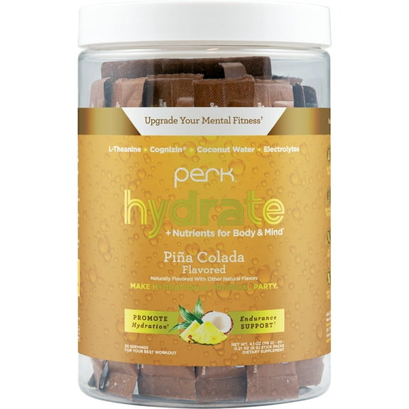 Perk Hydrate Electrolyte Stickpacks Pina Colada Flavored (20 Packets) - Coconut Water, CDP-Choline, L-Theanine, Gluten-Free