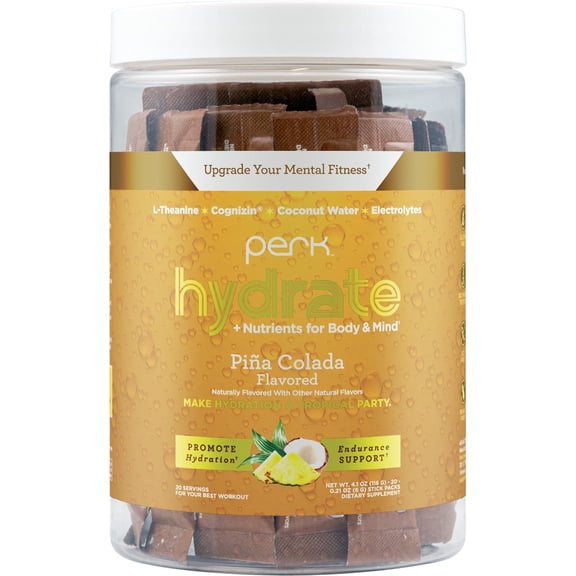 Perk Hydrate Electrolyte Stickpacks Pina Colada Flavored (20 Packets) - Coconut Water, CDP-Choline, L-Theanine, Gluten-Free