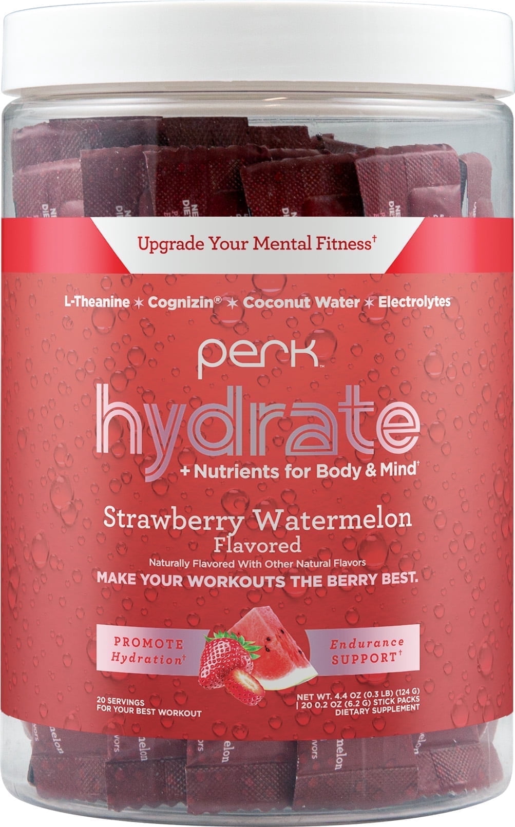 Perk Hydrate Electrolyte Stickpacks (Strawberry Watermelon) 20 Packets - Coconut Water, CDP-Choline, L-Theanine, Gluten-Free, Keto Friendly, Vegan