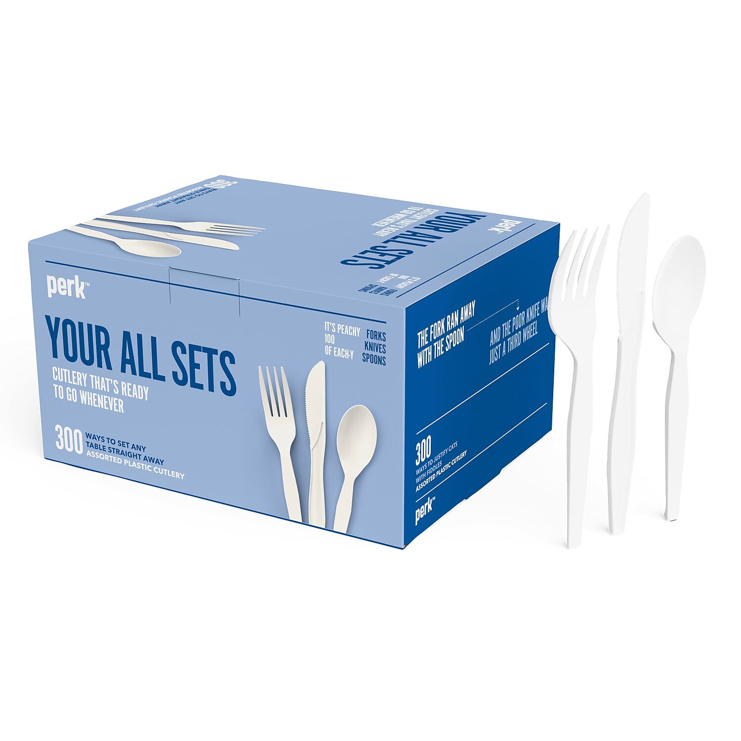 Perk Mediumweight Plastic Cutlery Fork/Knife/Teaspoon White 100 Sets