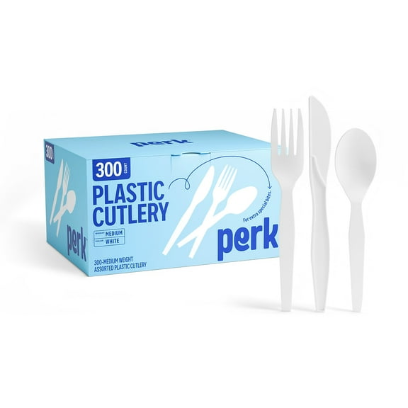 Staples Perk Plastic Assorted Cutlery Medium-Weight White PK56406