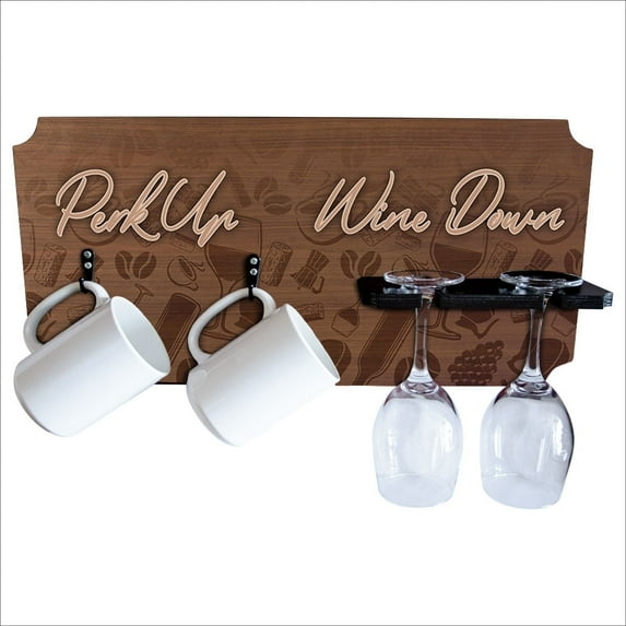 BarConic "Perk Up, Wine Down" Wood and Baltic Birch Coffee Mug and Wine Glass Holder, New