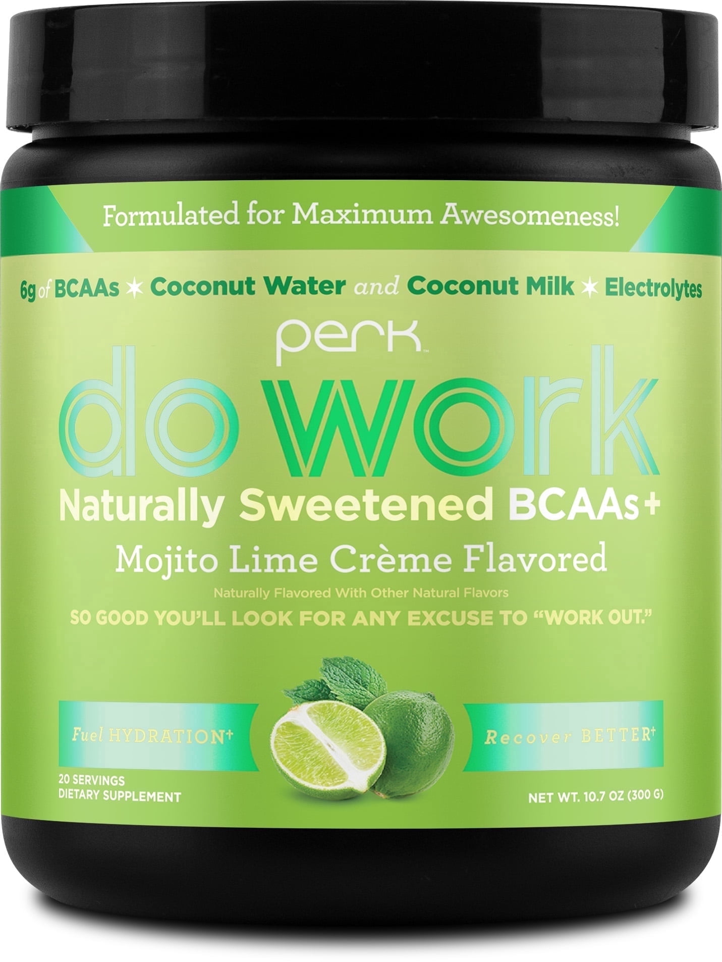 Perk Do Work Naturally Sweetened BCAA + Hydration Electrolytes Powder (Mojito Lime Creme) 20 Servings - with Coconut Water & Coconut Milk, Gluten-Free