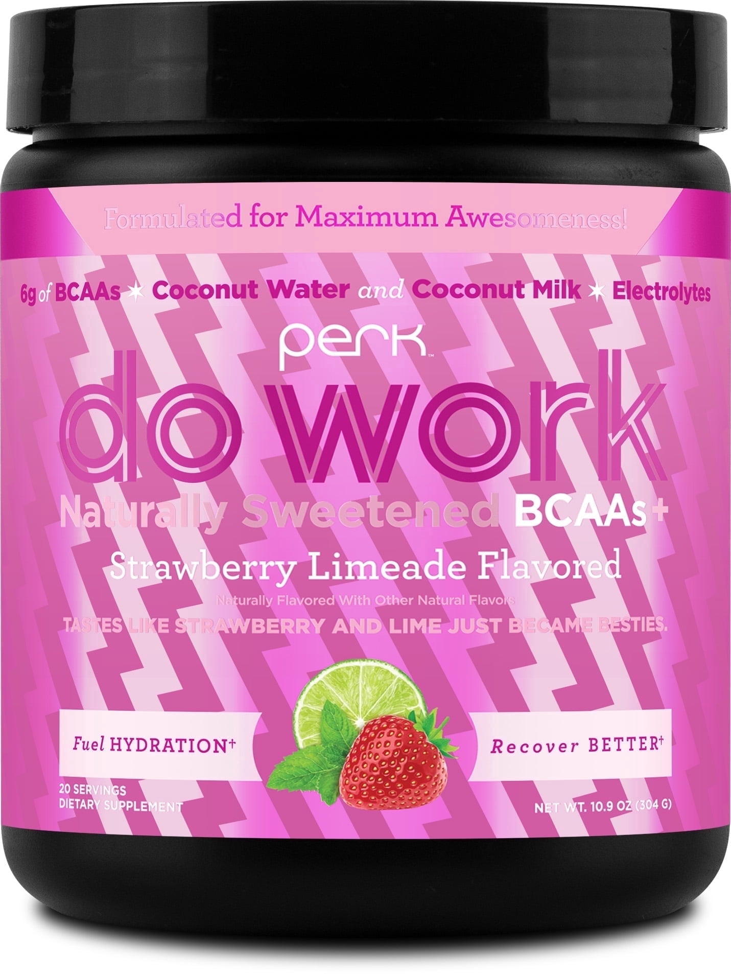 Perk Do Work Naturally Sweetened BCAA + Hydration Electrolytes Powder (Strawberry Limeade) 20 Servings - with Coconut Water & Coconut Milk