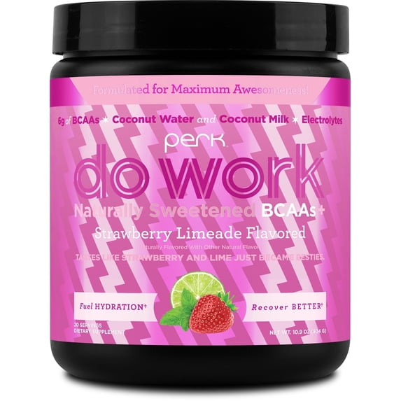 Perk Do Work Naturally Sweetened BCAA + Hydration Electrolytes Powder (Strawberry Limeade) 20 Servings - with Coconut Water & Coconut Milk